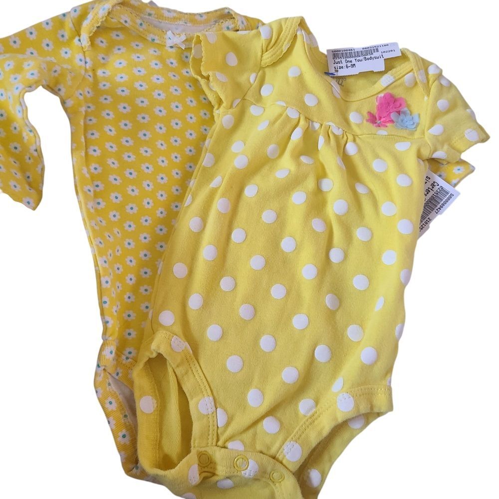 Carter's Onesies Set Of Two Jonquil Yellow Polka Dot and Floral Sz 6 Mos